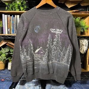 Vintage 90s Winter Wilderness Nature AOP Crewneck Black Purple Sweatshirt Medium